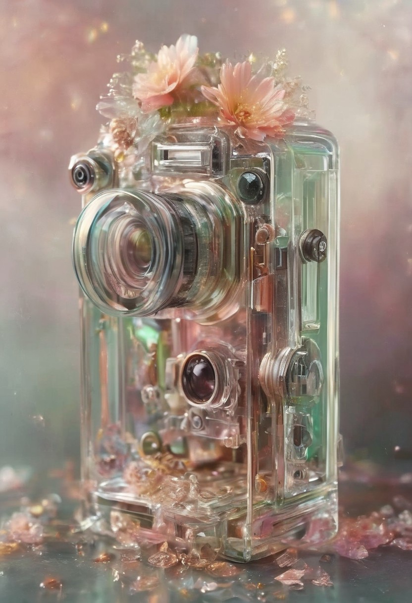fanciful, translucent vintage camera with metallic copper and silver details, filled with an array of soft pastel flowers including hues of pink and white and green inside it, floating golden sparkles, magical touch to the composition, translucent, transparent, tranzp