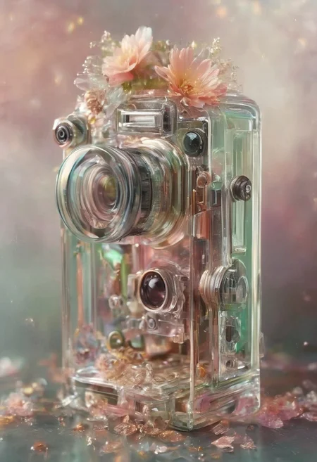 fanciful, translucent vintage camera with metallic copper and silver details, filled with an array of soft pastel flowers including hues of pink and white and green inside it, floating golden sparkles, magical touch to the composition, translucent, transparent, tranzp