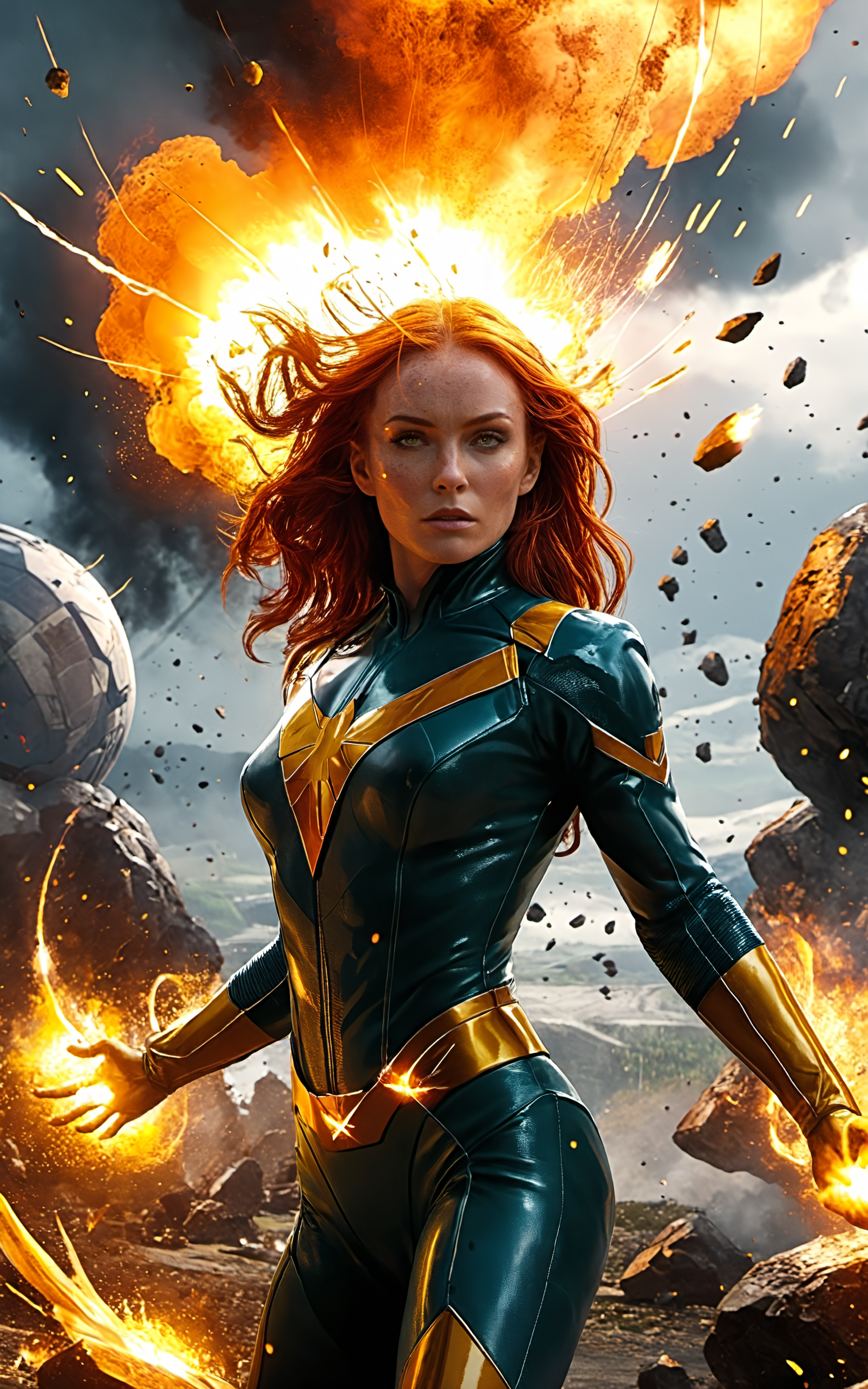 cinematic film still cinematic film still cinematic film still cinematic film still cinematic film still cinematic film still <lora:Jean_Grey_X-men_Pony_XL:0.85>,end_jngr3y,cinematic battle scene where Jean Grey uses telepathy to throw flaming meteors,
<lora:MJ52:0.2>,detailed,
<lora:add-detail-xl:2>,
<lora:Cosine_freck:0.1>,
<lora:Cinematic Hollywood Film:0.1>,
<lora:RMSDXL_Creative:0.2>,
<lora:RMSDXL_Darkness_Cinema:0.1>,
<lora:WildcardX-XL-Detail-Enhancer:0.2>, . shallow depth of field, vignette, highly detailed, high budget, bokeh, cinemascope, moody, epic, gorgeous, film grain, grainy . shallow depth of field, vignette, highly detailed, high budget, bokeh, cinemascope, moody, epic, gorgeous, film grain, grainy . shallow depth of field, vignette, highly detailed, high budget, bokeh, cinemascope, moody, epic, gorgeous, film grain, grainy . shallow depth of field, vignette, highly detailed, high budget, bokeh, cinemascope, moody, epic, gorgeous, film grain, grainy . shallow depth of field, vignette, highly detailed, high budget, bokeh, cinemascope, moody, epic, gorgeous, film grain, grainy . shallow depth of field, vignette, highly detailed, high budget, bokeh, cinemascope, moody, epic, gorgeous, film grain, grainy
