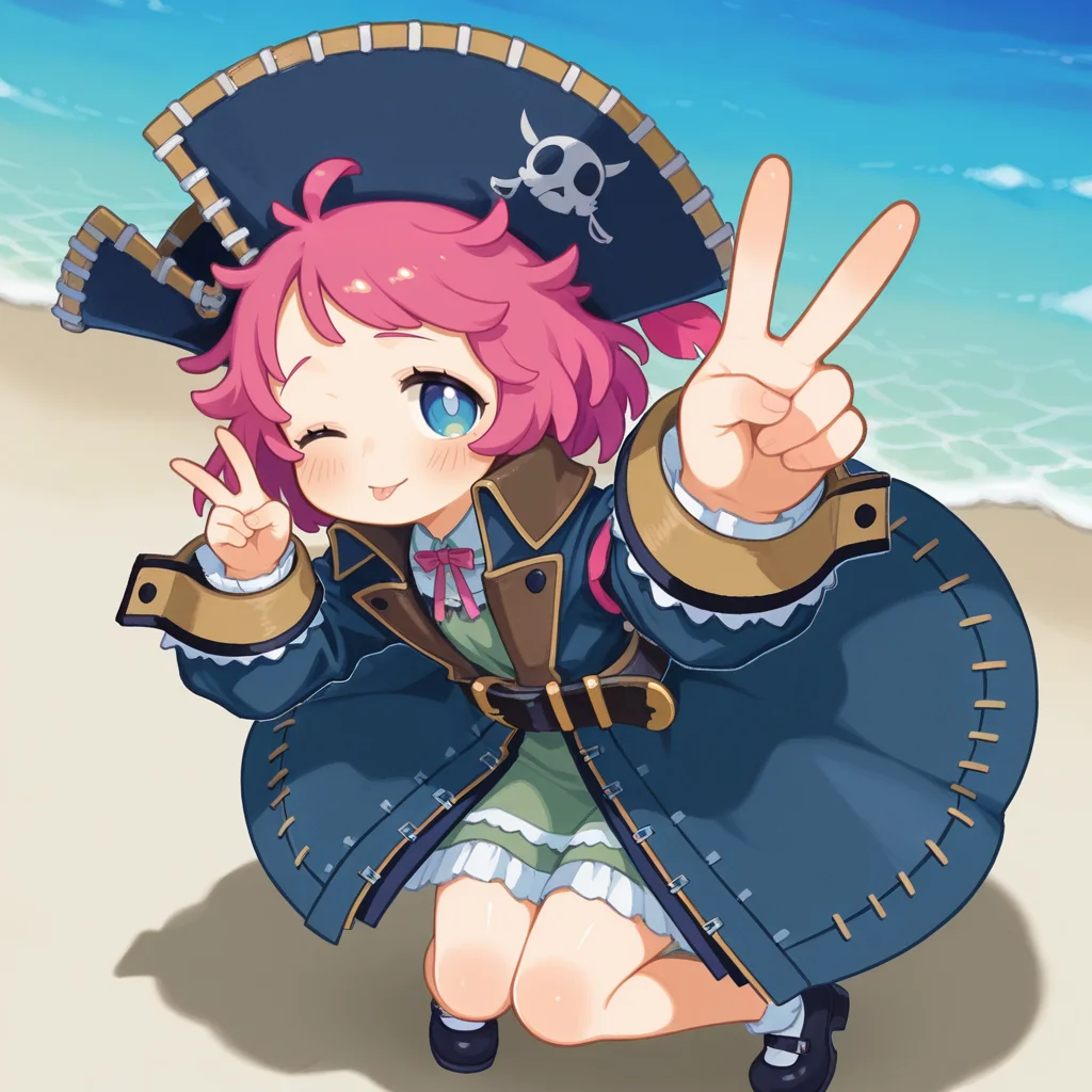 1girl,
on a beach,
smooth shiny skin,
one eye closed, :p, v,
 <lora:Aprico:1> apricobrave, hat, blue eyes, pink hair, pirate hat, long sleeves, black footwear, dress, blush, shoes