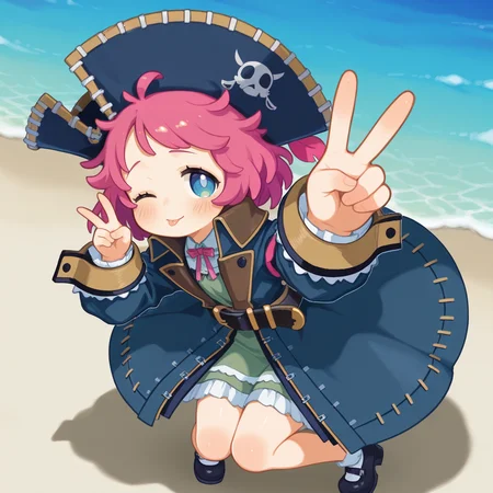 1girl,
on a beach,
smooth shiny skin,
one eye closed, :p, v,
<lora:Aprico:1> apricobrave, hat, blue eyes, pink hair, pirate hat, long sleeves, black footwear, dress, blush, shoes