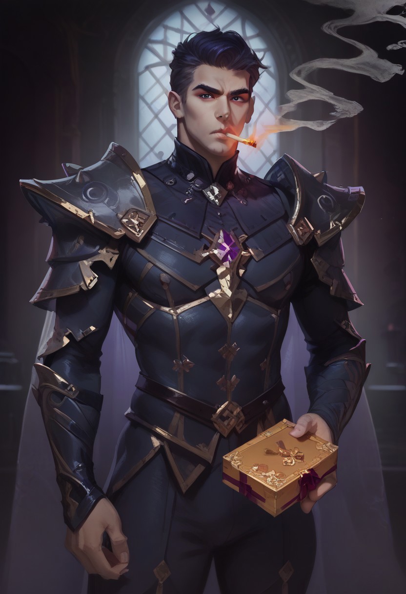 score_9_up, score_8_up, score_7_up, concept art, ultra detailed, high resolution, high quality, masterpiece, intricate details, intricate body, intricate landscape, Expressiveh,
 Concept art, realistic,
 fantasy background, gothic ambience, dark castle interior
1boy, 
Serious expression, looking at viewer, furrowed brows, holding a small treasure box, smoking coming out of the box, colored smoke, purple smoke.