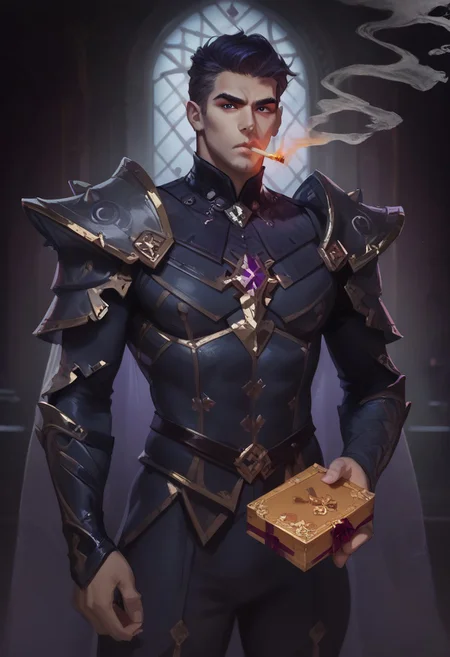 score_9_up, score_8_up, score_7_up, concept art, ultra detailed, high resolution, high quality, masterpiece, intricate details, intricate body, intricate landscape, Expressiveh,
Concept art, realistic,
fantasy background, gothic ambience, dark castle interior
1boy,
Serious expression, looking at viewer, furrowed brows, holding a small treasure box, smoking coming out of the box, colored smoke, purple smoke.