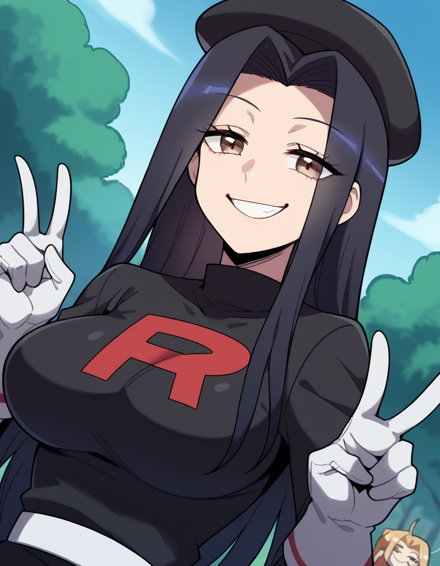 score_9, score_8_up, score_7_up, source_anime, <lora:kuroko-smith-s1-ponyxl-lora-nochekaiser:1>, kuroko smith, long hair, black hair, parted bangs, brown eyes, large breasts,, <lora:team-rocket-uniform-ponyxl-lora-nochekaiser:1>, team rocket uniform, black hat, black shirt, black skirt, white belt, white gloves, single letter,, smile, smug, v, outdoors,, , dutch angle,