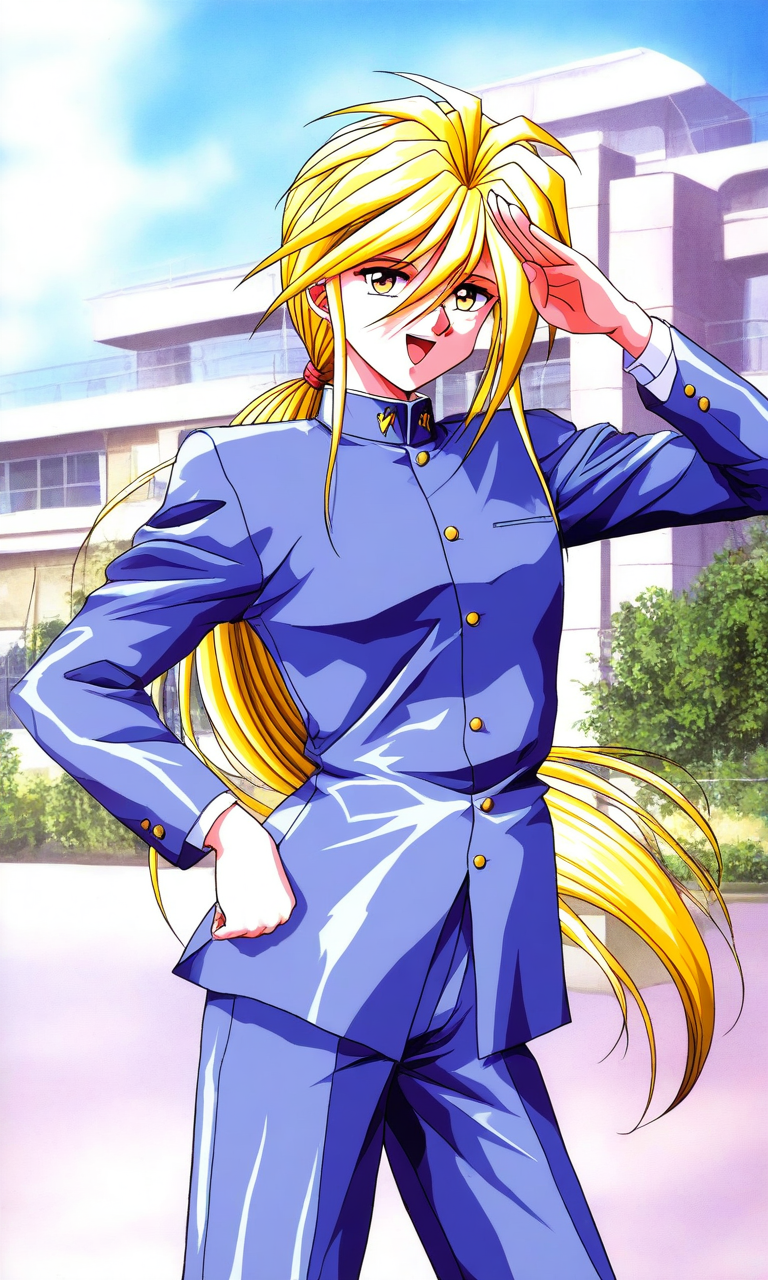 general,highres, ultra-detailed,very aesthetic,best quality ,best hands, BREAK <lora:Ijuuin_Rei_Tokimeki_Memorial_IS:1>
Ijuuin_Rei(Tokimeki_Memorial),  blonde hair, yellow eyes, hair between eyes, breasts, 
1boy, solo, male focus, long hair, school uniform, ponytail, hand on hip, open mouth, smile, day, salute, sky, 1990s (style), long sleeves, blue sky, 
standing, looking at viewer, :d, outdoors, pants, very long hair, low ponytail, gakuran, cowboy shot, building