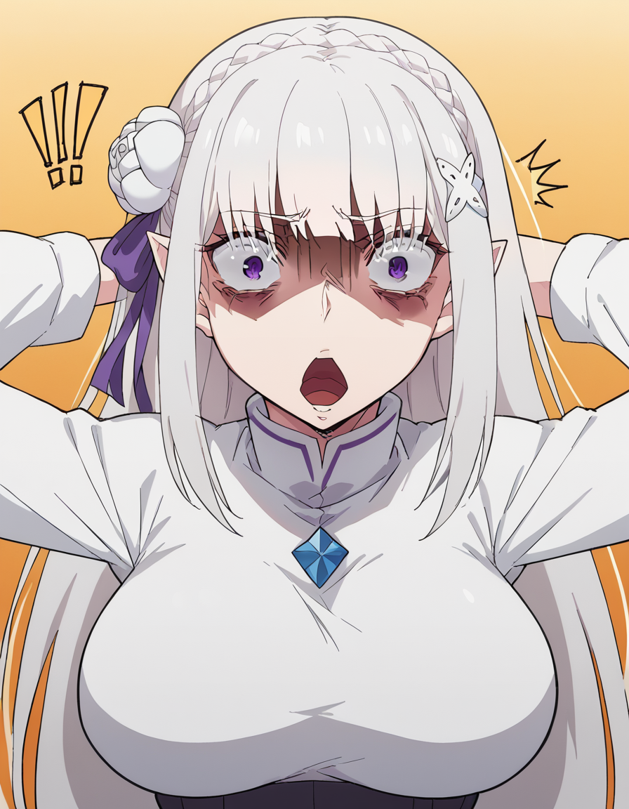 score_9, score_8_up, score_7_up, source_anime, <lora:rezero-emilia-s3-p1-ponyxl-lora-nochekaiser:1>, emilia, braid, crown braid, flower, hair flower, hair ornament, hair ribbon, long hair, pointy ears, purple eyes, white hair, x hair ornament, large breasts, <lora:shocked-black-guy-ponyxl-lora-nochekaiser:1> shocked black guy, open mouth, looking at viewer, hands behind head, shaded face,, , ,