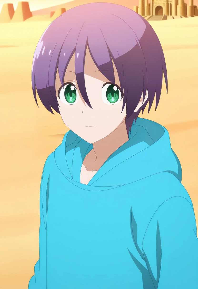 masterpiece, best quality, , anime screencap, anime coloring, official style, looking at viewer, 1boy, solo, male focus, <lora:nasa_yuzaki_ilxl:0.94>, nasa_yuzaki, purple hair, green eyes, short hair, hair between eyes, blue hoodie, desert palace, sand towers, sun courts, wind gardens, noble pose, regal expression, golden hour,