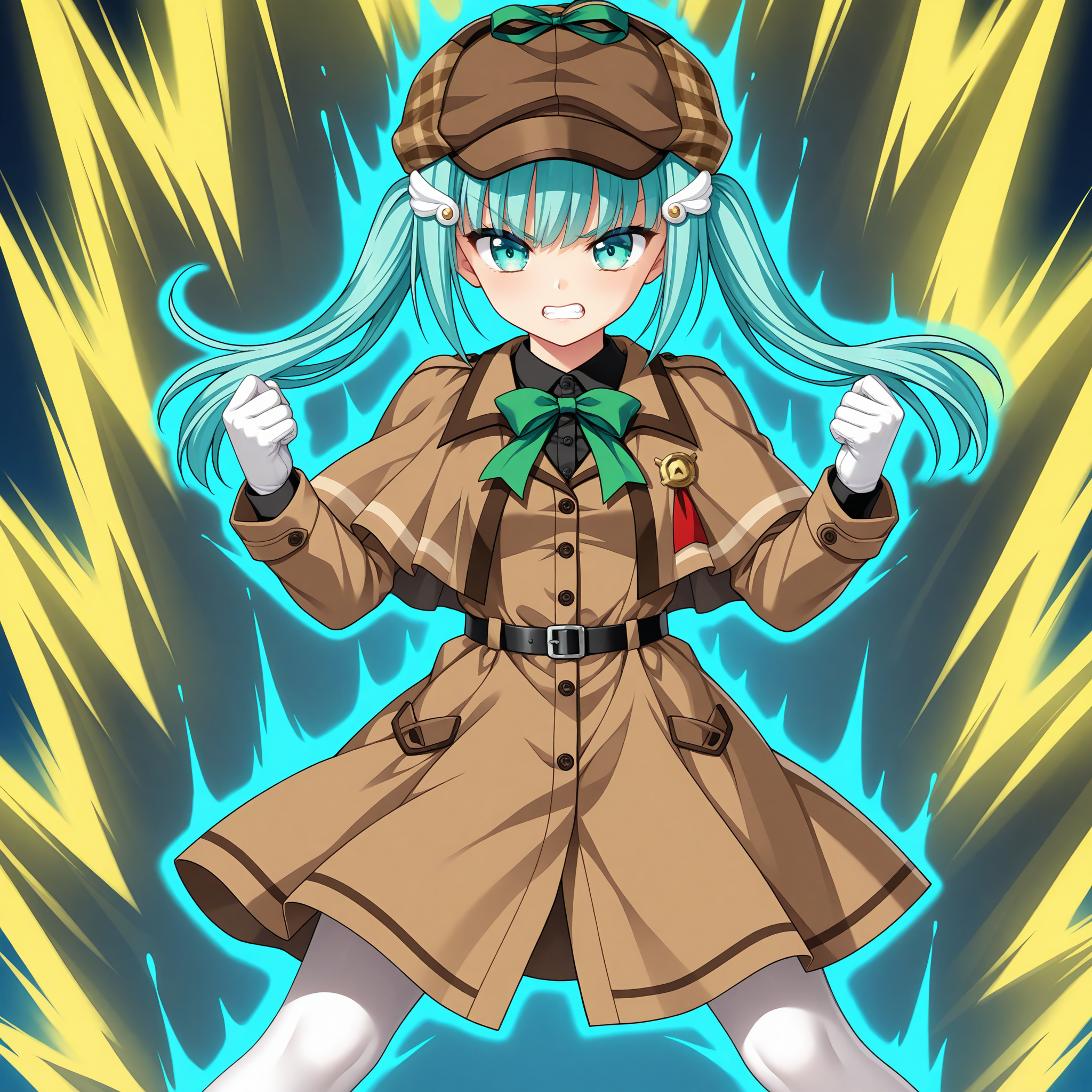 <lora:Charlotte_Di_Curvehorn_Yeatz_1_nai-000040:1>,Charlotte Di Curvehorn Yeatz,
twintails,wing hair ornament,detective,deerstalker,brown headwear,white gloves,white pantyhose,black shirt,long sleeves,brown coat,brown capelet,brown dress,green bowtie,black belt,
BREAK
1girl,solo,aqua hair,angry,w arms,standing,spread legs,aqua eyes,super saiyan,energy,blue energy,clenched hands,