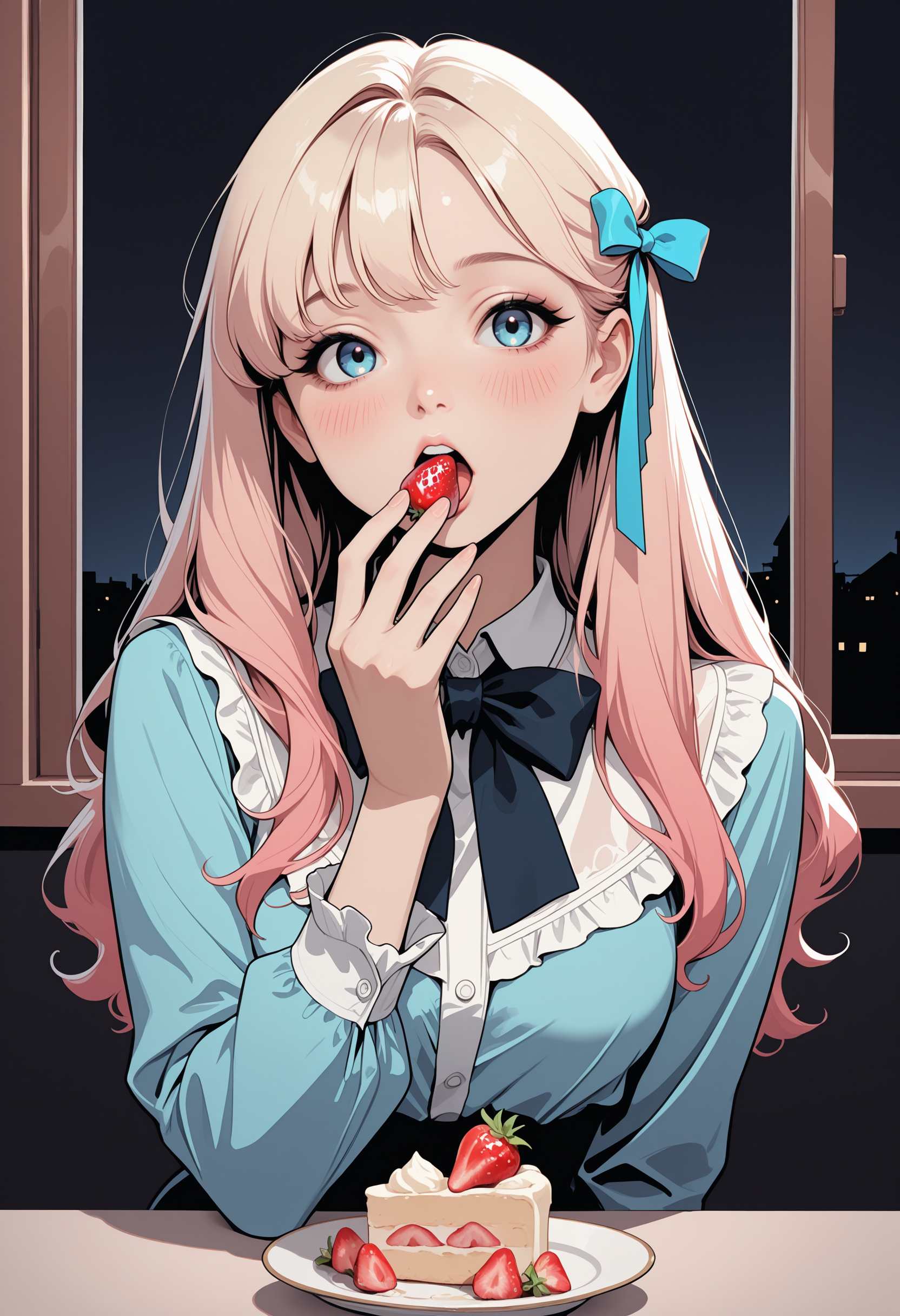 masterpiece, high_quality, highres, flat_colors, gradient, 
woman, blouse, bowtie, hair_ribbons, eating_strawberry, joy, eyelashes, blush, black_background, window, night, dark, blue