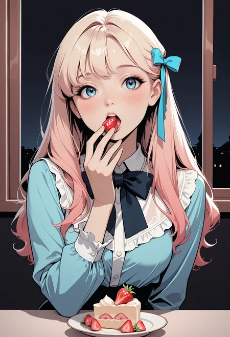 masterpiece, high_quality, highres, flat_colors, gradient, 
woman, blouse, bowtie, hair_ribbons, eating_strawberry, joy, eyelashes, blush, black_background, window, night, dark, blue