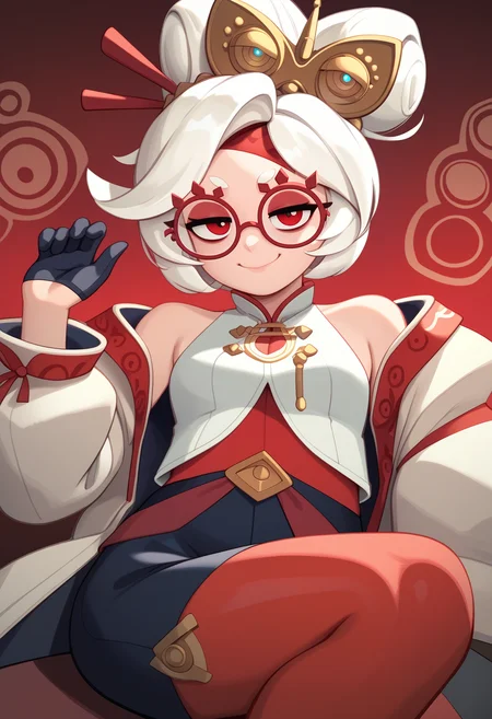 score_9, score_7_up BREAK purah,white hair,red eyes,hair ornament, red headband, red glasses, sleeveless shirt, white coat, black skirt, red leggings, gloves,smug,closed mouth,white theme,red theme,looking at viewer,abstract background <lora:riz_pd_glora:1> <lora:purah-pdxl-nvwls-v1:0.8>