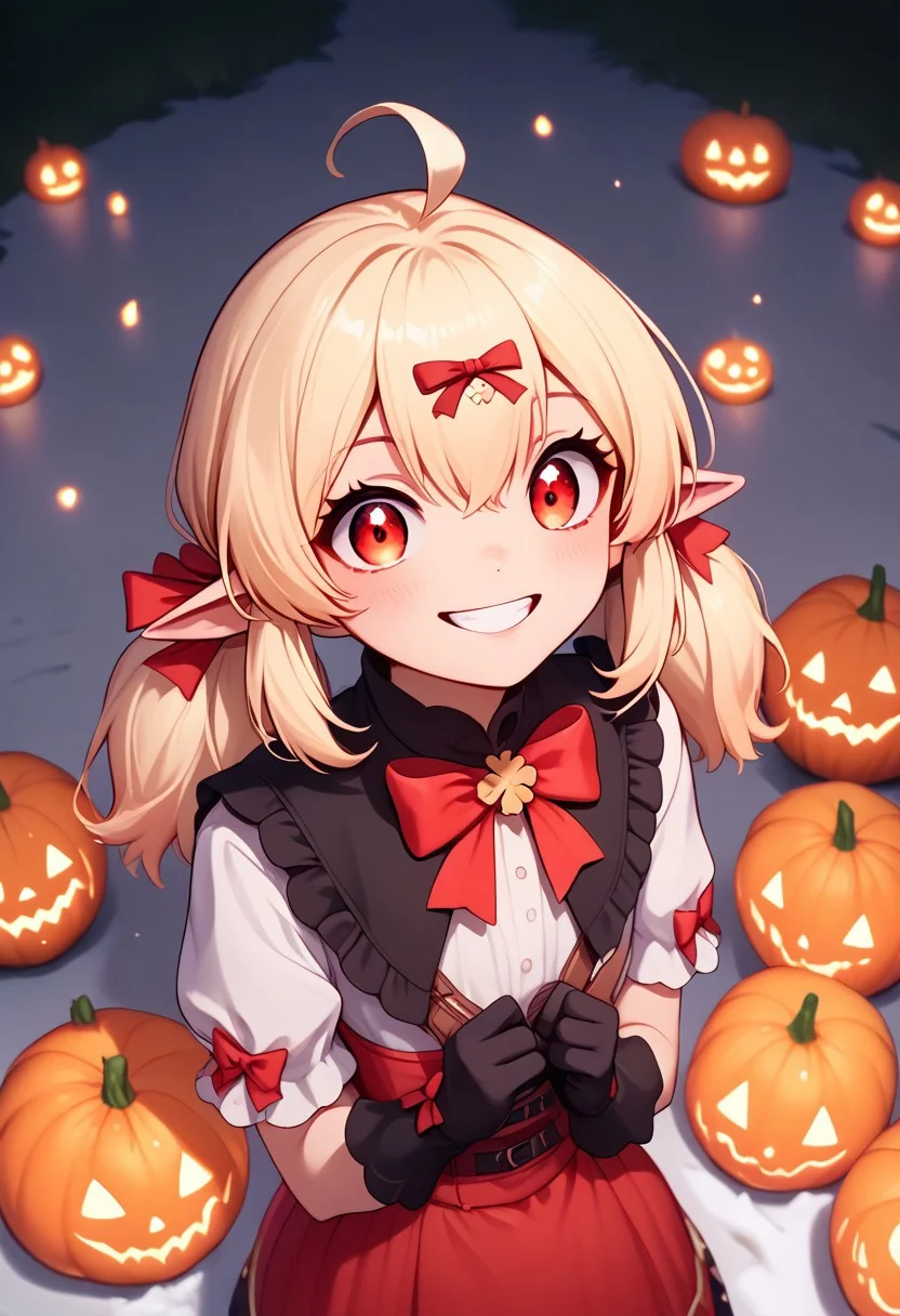 score_9, score_8_up, score_7_up, score_6_up, score_5_up, score_4_up,
zzKlee, hair between eyes, red eyes, ahoge, blonde hair, long hair, low twintails, pointy ears, twintails, bow, gloves, short sleeves, black gloves, alternate costume, sidelocks,
Pumpkin spell, burning pumpkins, smirk smile, crazy eyes,
outdoors, black and grey ruined buildings, winter, snow, perfection, 1gothic1, high angle view