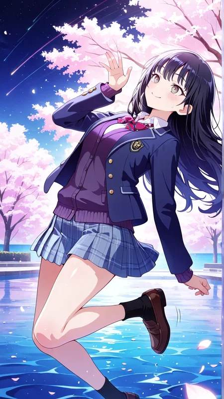 masterpiece, 1girl, solo, scenery, (detailed eyes), (high definition eyes), (high gradient eyes), (eyesHD), (best quality:1.4), (amazing quality:1.3), very aesthetic, (blush), shiny skin, ambience, Shiny Eyes, Shiny Skin Thighs, hips swaying, BREAK, (Yamada_Anna), black hair, brown eyes, long hair, sidelocks, anime coloring, skin_clean, shiny_skin, night, midnight, looking at the sea, BREAK, cherry blossoms background, leaning back, leaning to the side, smile, very long hair, free pose, delicate skin texture, fair skin, delicate face, pastels, bright tones, wind, light particles, light, bright tones, motion lines, extremely detailed, intricate, delicate details, movie lighting, very beautiful, absurd, dynamic graphics, dynamic angles, special movements, dynamic poses, action poses, dynamic movements, (Illustration: 1.2), (8K Wallpaper), (Beautiful, pretty eyes: 1.2), Delicate eyes, beautiful, soft colors, clear line, project sekai, soft, pastel, colorful, BREAK, school uniform, blue skirt, long_sleeve, blazer, open blazer, close blazer, white shirt, pleated skirt, collared shirt, sweatdrop, pocket, blue jacket, cardigan, purple cardigan, black socks, loafers, brown footwear
