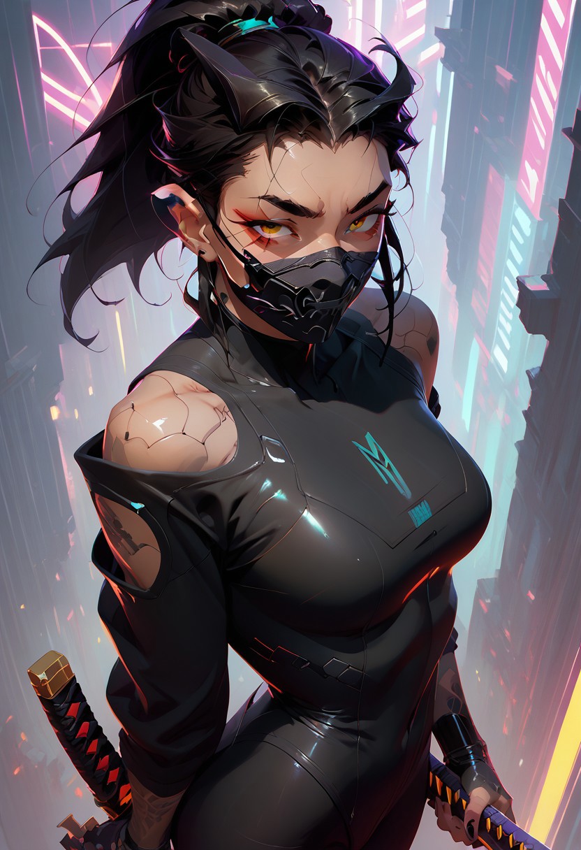 score_9, score_8_up, score_7_up, score_6_up, score_5_up, score_4_up, 
v3kedgy, 1girl, oni face mask, black bodysuit, long black ponytail, cyberpunk, purple neon lights, holding katana over shoulder, seen from above