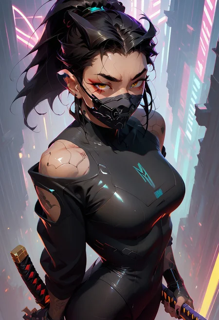 score_9, score_8_up, score_7_up, score_6_up, score_5_up, score_4_up,
v3kedgy, 1girl, oni face mask, black bodysuit, long black ponytail, cyberpunk, purple neon lights, holding katana over shoulder, seen from above