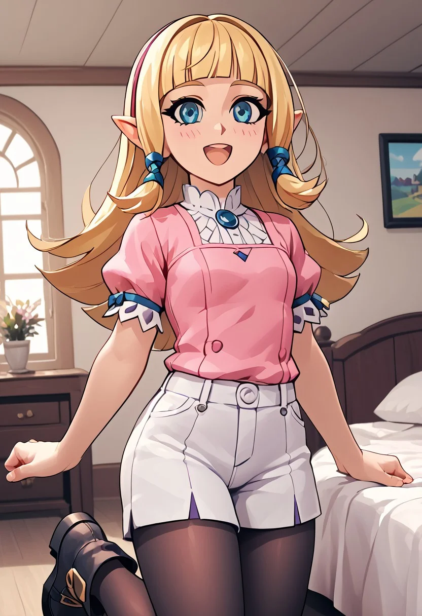 score_4,score_5,score_6,score_7_up,score_8_up,score_9 ((masterpiece,best quality,ultra detailed,highres,HD,4k:1.2)),
Azure Striker Gunvolt(Main),shining highlights, 1girl, solo, girl focus,solo focus,face focus,
zelda skyward sword, blonde hair, blue eyes, long hair, pointy ears, sidelocks, elf, bangs, blunt bangs, ribbons, hair ribbons,
pink top, ribbon on clothes,short pants,white pants,((black pantyhose)), black footwear, boots, white shirt, short sleeves, puffy sleeves, hair ornament,
indoors,smile,blush,open mouth,