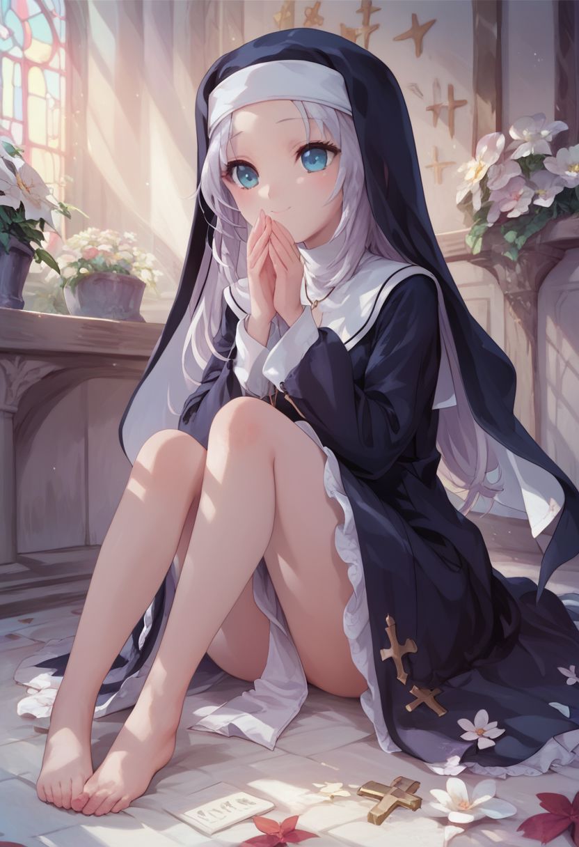 score_9, score_8_up, score_7_up, maria, nun,1girl, long hair, detailed blue eyes, cute, adorable, innocent, full body shot, detailed, pure, soft, sitting