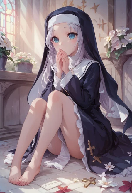score_9, score_8_up, score_7_up, maria, nun,1girl, long hair, detailed blue eyes, cute, adorable, innocent, full body shot, detailed, pure, soft, sitting