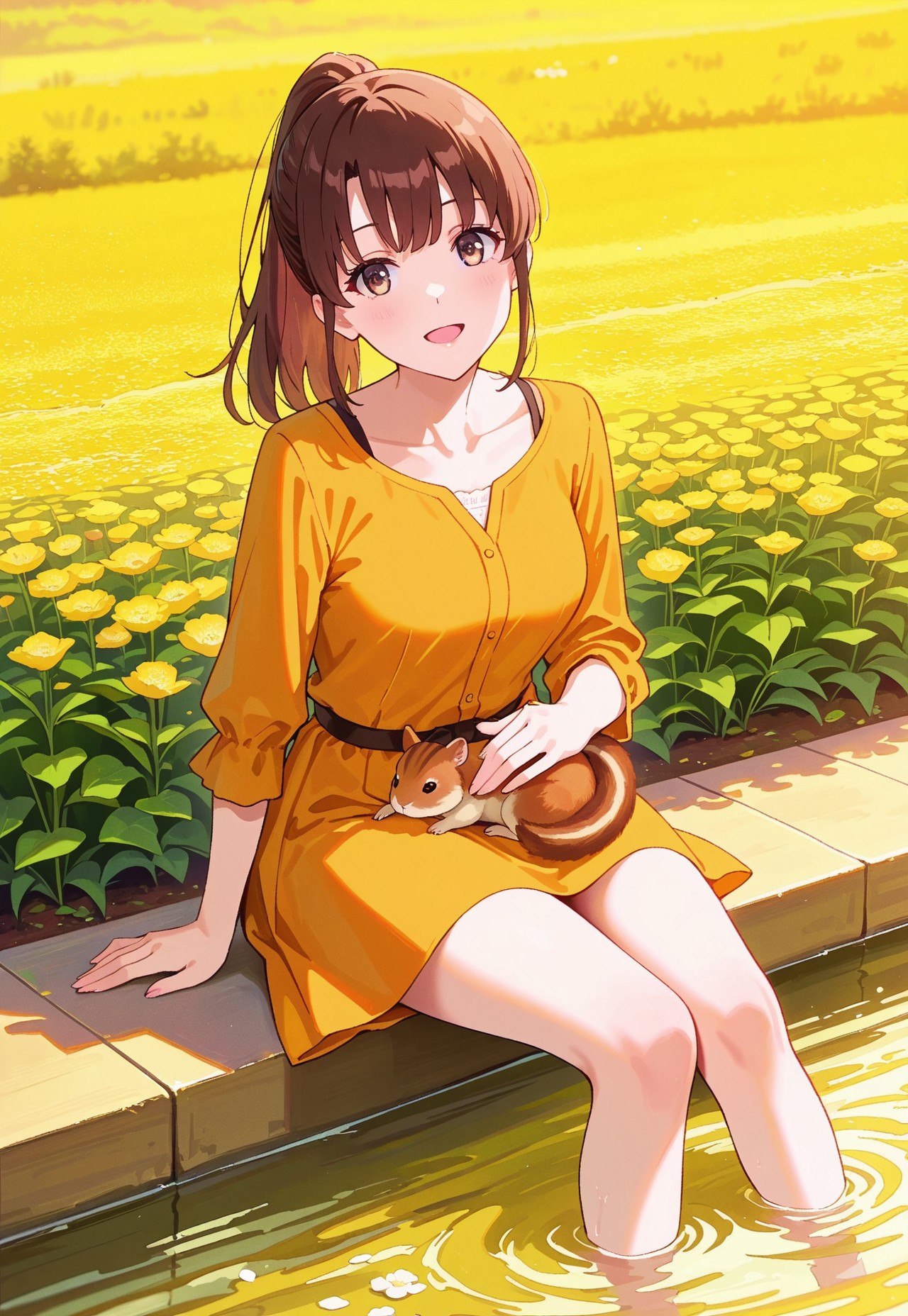 safe_pos, masterpiece, best quality, (realistic:0.35), traditional media, watercolor /(medium/),  1girl,Megumi <lora:IL-KatoMegumi:0.8>,brown hair,katou megumi,brown eyes,medium breasts,ponytail, long hair , soaking feet, head tilt, happy, spring, flowers, river, orange dress, yellow theme, flower field, squirrel in lap, animal in lap, petting squirrel,((detailed eyes)),((finger fix))