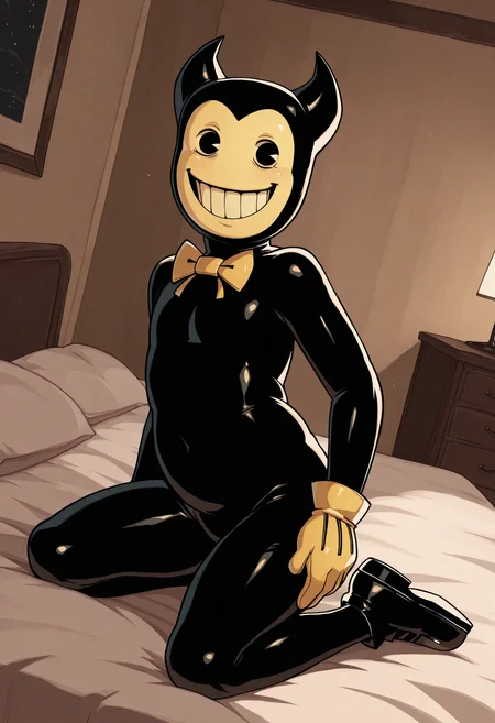 <lora:ollie_Illustrious_Mlaofmd-10:1.0>, masterpiece, best quality, newest, absurdres, highres, perfect anatomy, 1boy, solo, ollie, bendy the dancing demon, black skin, 2 horns, black eyes, smile, grin, bow tie, gloves, black shoes, inside, detailed background, bedroom, on bed, kneeling, sitting, head tilt, dutch angle, looking at viewer