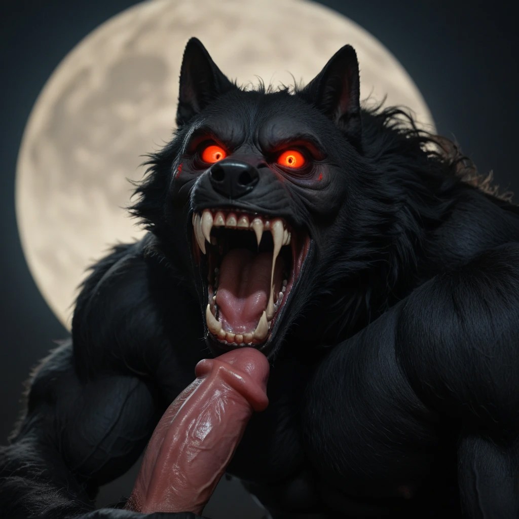 horror movie, still ,anime_source ,black furry, werewolf ,photo ,score_9_up ,score_8_up, score_7_up, action scene ,movie still ,no humans ,open mouth teeth, wolf looking at viewer realistic glowing solo glowing eyes black background horror (theme) animal focus animal sharp teeth white eyes fangs realistic nsfw muscular male muscular penis large pectorals male focus abs nipples pectorals bara best quality masterpiece 4k uncensored prefect lighting rating_explicit horror very aesthetic, black fur, showdow, moon,