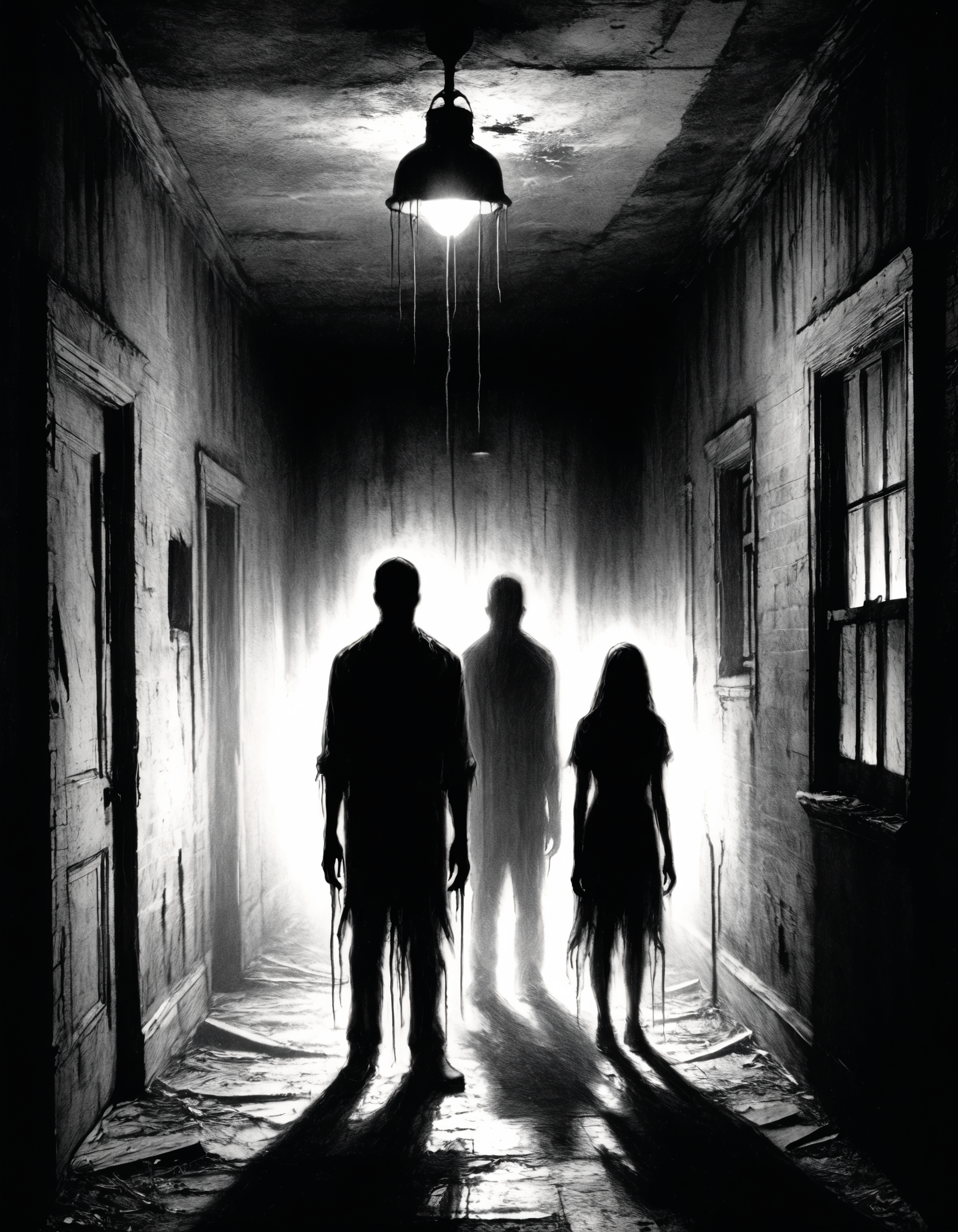 In a small town plagued by an urban legend, a group of friends dared each other to explore the abandoned asylum at the city's edge. As they ventured deeper into its dark halls, the shadows seemed to move on their ownâa warning from the past that some secrets should remain buried. One by one, they disappeared, their fates echoing through the night in a haunting chant of regret. silhouettes
<lora:The_Grey_Ones_Horror_Theme_v2-000008:1> gr4y0ne, horror (theme)