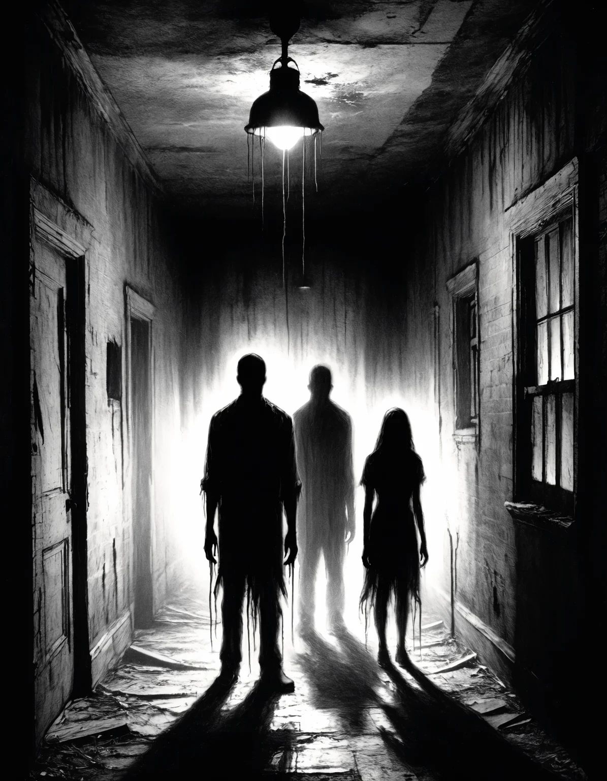 In a small town plagued by an urban legend, a group of friends dared each other to explore the abandoned asylum at the city's edge. As they ventured deeper into its dark halls, the shadows seemed to move on their ownâa warning from the past that some secrets should remain buried. One by one, they disappeared, their fates echoing through the night in a haunting chant of regret. silhouettes
<lora:The_Grey_Ones_Horror_Theme_v2-000008:1> gr4y0ne, horror (theme)