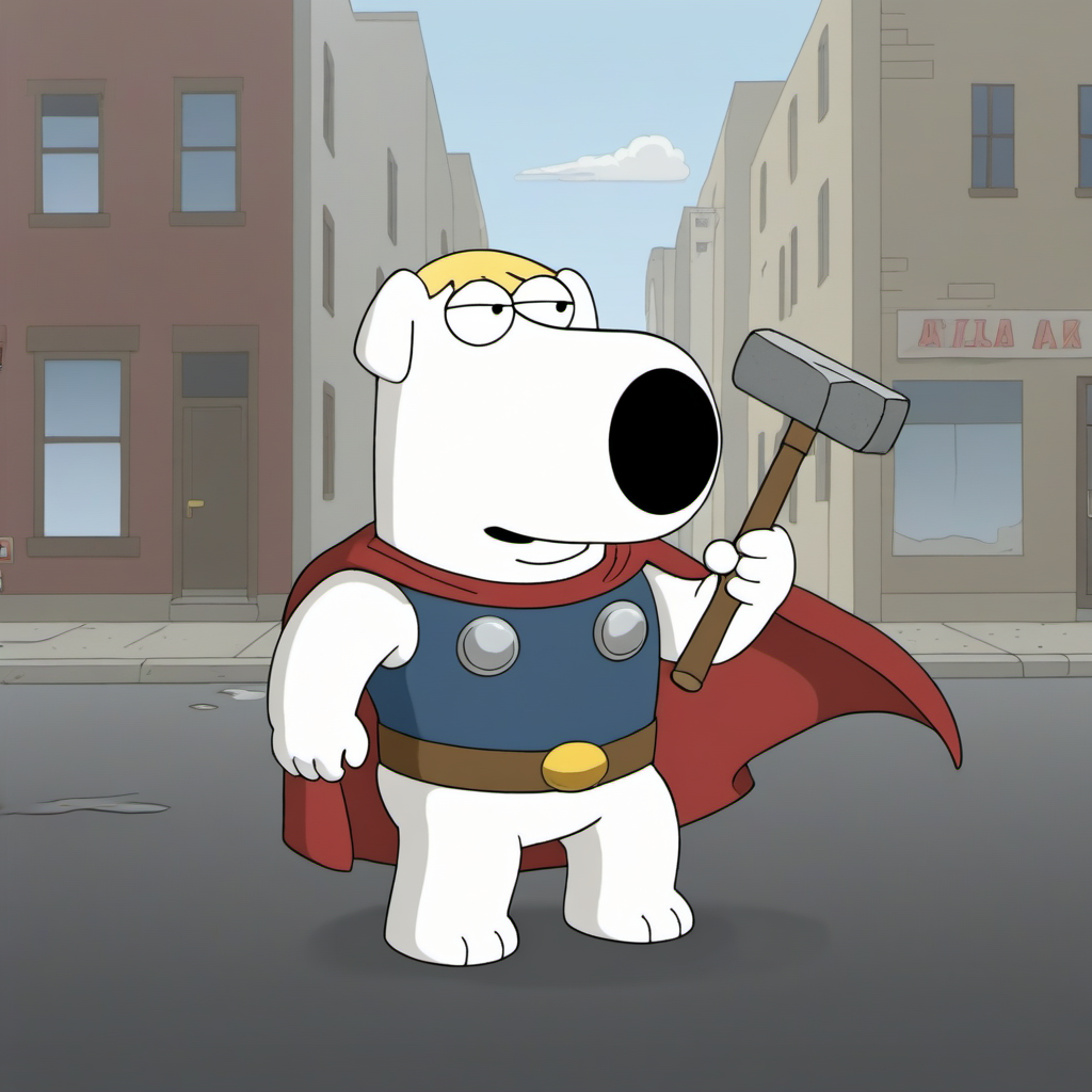 a brian griffin wears a thor suit and a ((blond wig)), hold a big hammer,  in the street <lora:Brian1024:0.8>