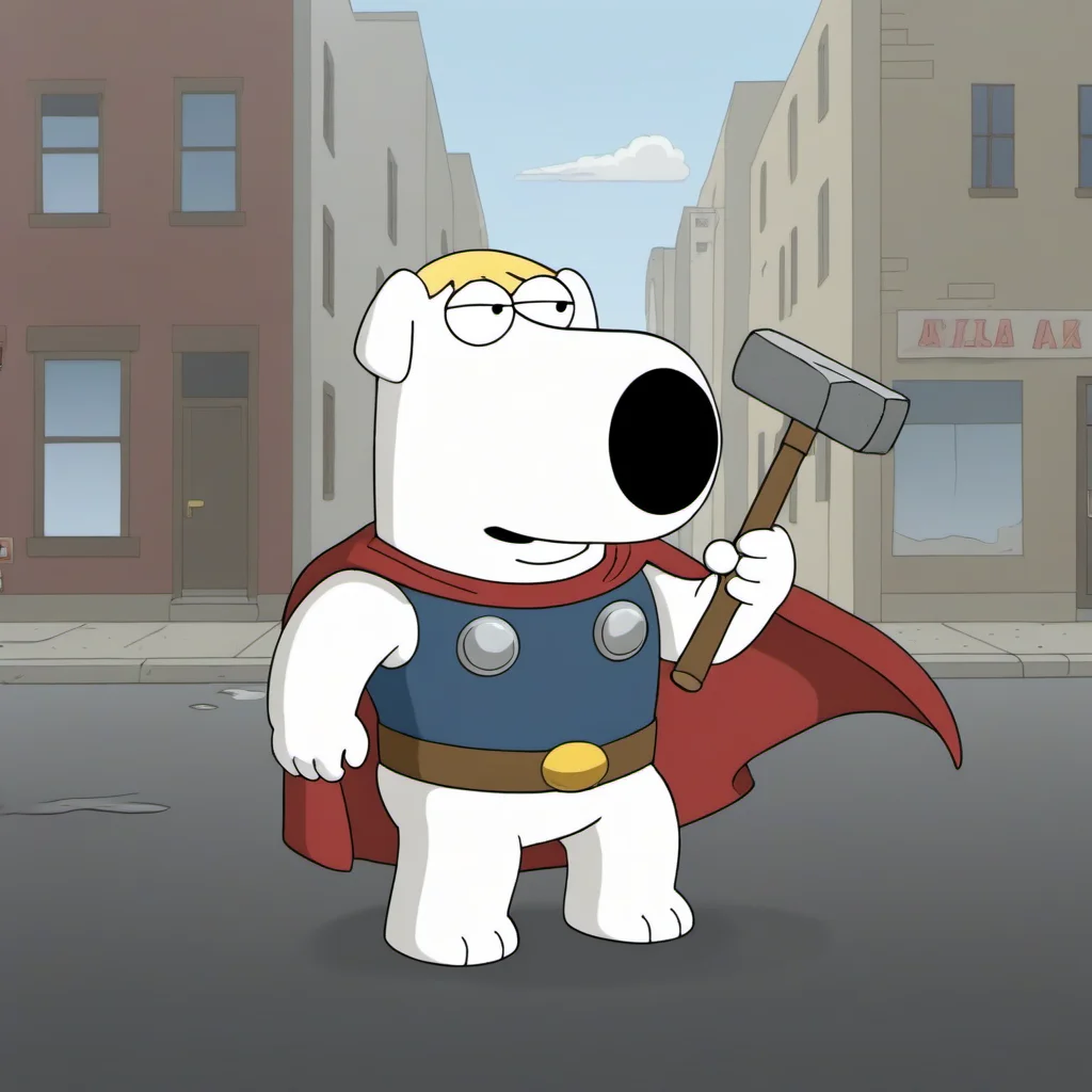 a brian griffin wears a thor suit and a ((blond wig)), hold a big hammer,  in the street <lora:Brian1024:0.8>