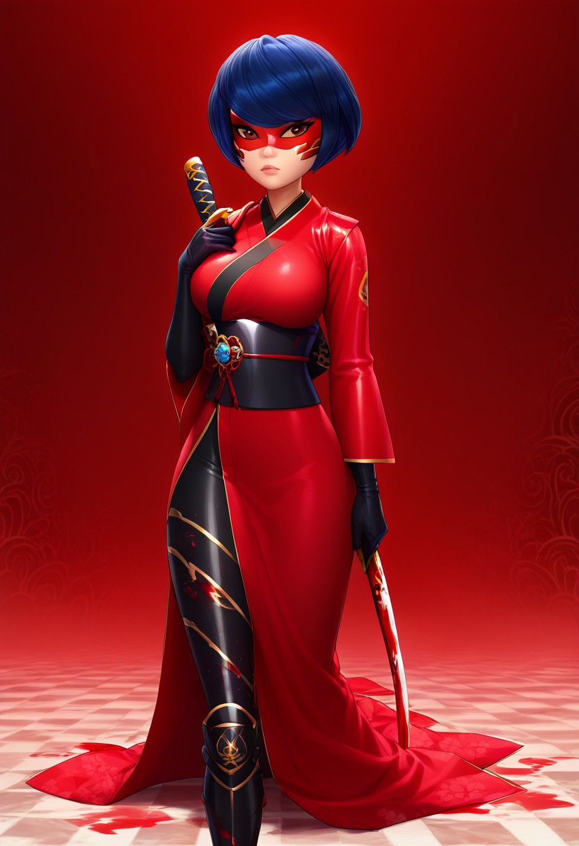 score_9, score_8_up, score_7_up, detailed background, background, volumetric lighting, vibrant colors, girl in a japanese town, feudal japan town,
girl posing, solo girl, girl holding a katana,
imtdtsukag, imtdryukag, 1girl, beautiful girl, perfect face, beautiful eyes, beautiful face, very thin, wide hips, beautiful big breasts, perfect hands, four fingers, one thumb, girl serious expression, 
short hair, brown eyes, blue hair, swept bangs, no mask,
ink black leather suit, armored leather suit, half kimono, scarlet red kimono, one arm kimono, kimono golden dragon patterns, edges kimono black , ink black armored pants leather, katana, large armored leather gloves, ink black gloves, armored leather boots, ink black boots, 
easynegative, negative_hand, Expressiveh, good_hands,