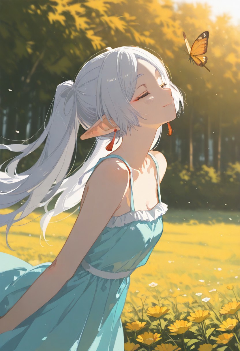 close up, 1girl , solo sexy woman, white hair, bangs, Frieren, eyeliner, perfect face, elegant, refined, small breasts, colorful sundress, shy smile, dynamic pose, volumetric lighting, cinematic lighting, outdoors, festival, nature, blooming, wind, spring, beautiful lighting, warm sunshine, adult, mature, hime-cut, butterflies, looking up in sun, closed eyes, enjoying sunlight,
very awa, masterpiece, highres, absurdres, Flatline, Flat vector illustration, no lineart, no outline,
<lora:veluflora-wai:0.7> vfaix, <lora:NOOB_vp1_detailer_by_volnovik_v1:0.3>, <lora:noobai_ep11_stabilizer_v0.138_fp16:0.3>, <lora:ponyv6_noobV1_2_adamW:0.3>, <lora:a31_style_koni:0.6>, <lora:ag31_style_ba_v1:0.8>, (jyt:0.75), <lora:96YOTTEA-WAI:0.45>, <lora:checkpoint-e18_s306:1>