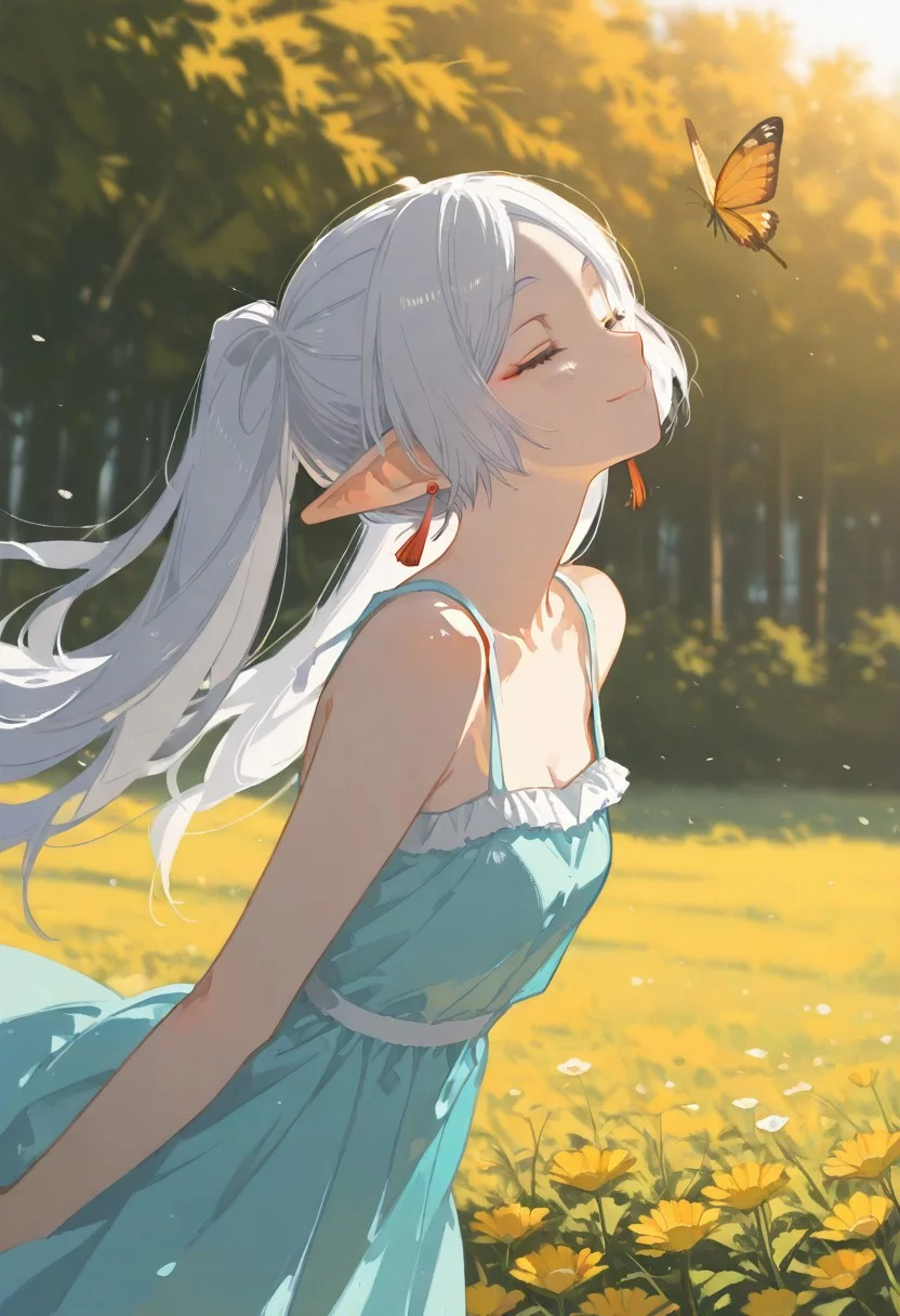 close up, 1girl , solo sexy woman, white hair, bangs, Frieren, eyeliner, perfect face, elegant, refined, small breasts, colorful sundress, shy smile, dynamic pose, volumetric lighting, cinematic lighting, outdoors, festival, nature, blooming, wind, spring, beautiful lighting, warm sunshine, adult, mature, hime-cut, butterflies, looking up in sun, closed eyes, enjoying sunlight,
very awa, masterpiece, highres, absurdres, Flatline, Flat vector illustration, no lineart, no outline,
<lora:veluflora-wai:0.7> vfaix, <lora:NOOB_vp1_detailer_by_volnovik_v1:0.3>, <lora:noobai_ep11_stabilizer_v0.138_fp16:0.3>, <lora:ponyv6_noobV1_2_adamW:0.3>, <lora:a31_style_koni:0.6>, <lora:ag31_style_ba_v1:0.8>, (jyt:0.75), <lora:96YOTTEA-WAI:0.45>, <lora:checkpoint-e18_s306:1>