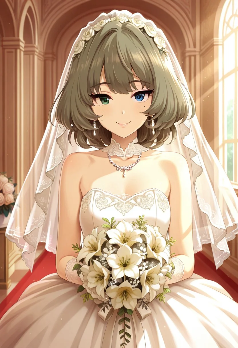 masterpiece,best quality,amazing quality, takagaki kaede, short hair, brown hair, mole under eye, green eyes, blue eyes, heterochromia, 1girl, wedding dress, mole, dress, bouquet, solo, veil, flower, jewelry, earrings, bridal veil, smile