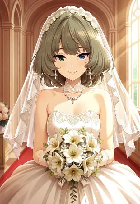 masterpiece,best quality,amazing quality, takagaki kaede, short hair, brown hair, mole under eye, green eyes, blue eyes, heterochromia, 1girl, wedding dress, mole, dress, bouquet, solo, veil, flower, jewelry, earrings, bridal veil, smile