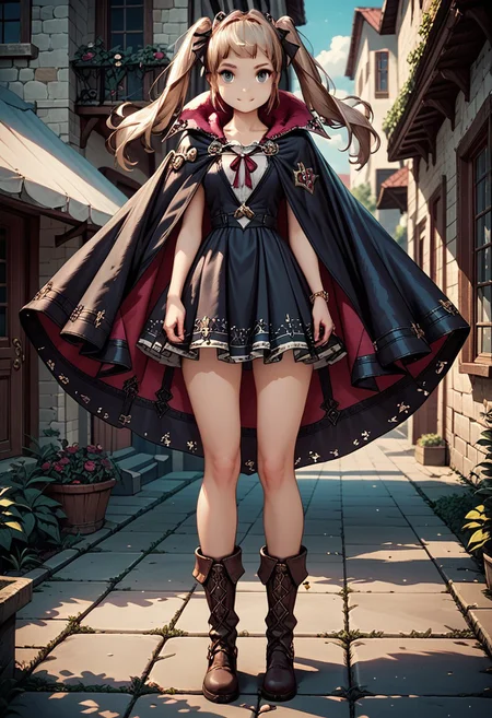 score_9, score_8_up, score_7_up,highly detailed, looking at viewer,osalire,1girl,solo,twintails,long hair ,dress,boots,outside school,cape,cute face