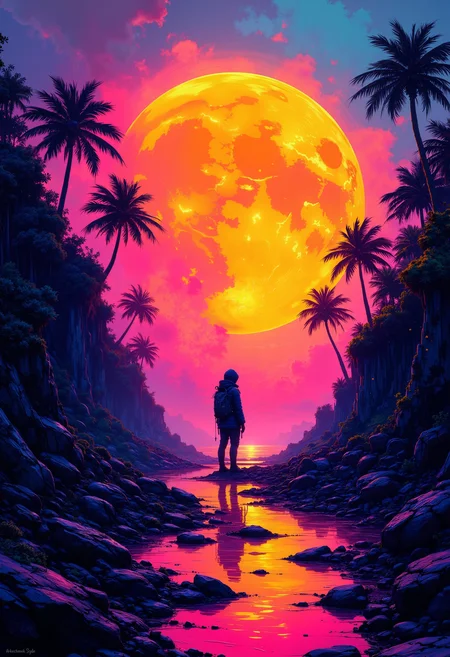 A digital cyberpunk art splash in the style of bo-cyborgsplash, a sci-fi landscape featuring a lone figure standing on a rocky shoreline, illuminated by the setting sun, with a large, glowing moon casting a warm orange glow over the scene, fantastic abstract colorful art splash, high quality, ultra detailed.<lora:boFLUX Cyborgsplash.safetensors:1.0:1.0>