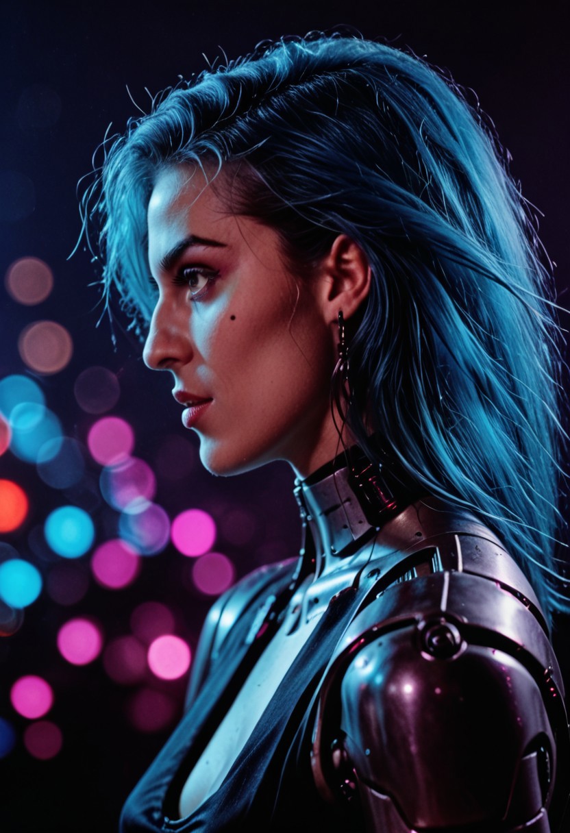Profile, side view, score_9, score_8_up, score_7_up, cyborg, ar3na1989, Kodak Motion Picture Film Style, bignoselady, large nose, aquiline, 1girl, blue hair, (neon purple light), pop singer, (bokeh), sci-fi, dark atmosphere, moody, aesthetic,
