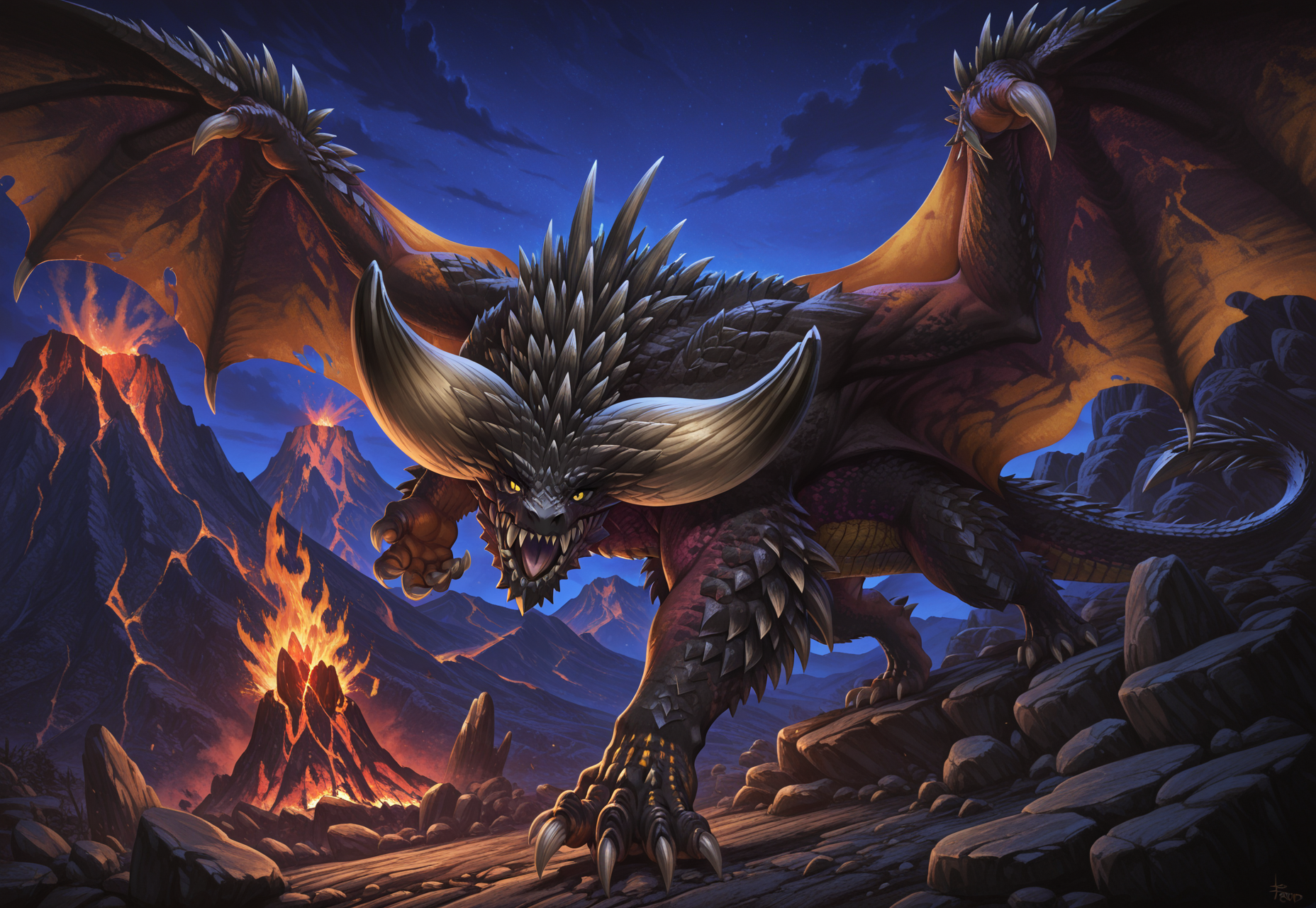 Graphic Design, color art, vibrant colors, colorful, intricate details, high contrast, detailed background, beautiful detailed, beautiful face, detailed eyes, detailed face, detailed scales, new, newest, n3rg1g4, dragon, yellow eyes, horns, spikes, fangs, sharp teeth, claws, wings, tail, no humans, dynamic pose, night, volcano, fire, rocks, mountain, magma, (masterpiece, best quality, newest, recent, absurdres),