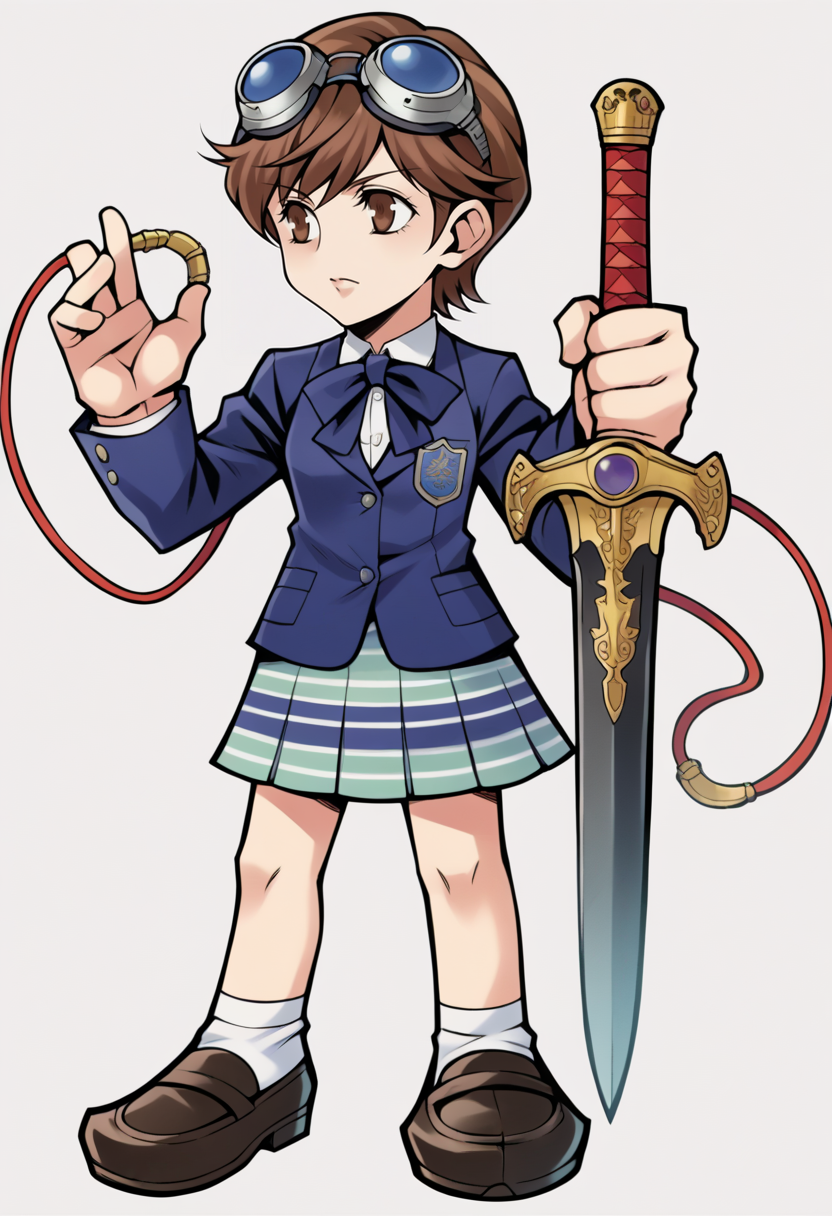 score_9, score_8_up, score_7_up, source_anime BREAK 1girl, solo,
<lora:zs_OperaOmniaStyleXL:1> operaomniastyle, full body, white background
 <lora:zs_TamakiXL:1> tamakismtif, brown hair, short hair, blazer, skirt, socks, goggles on head, holding, sword