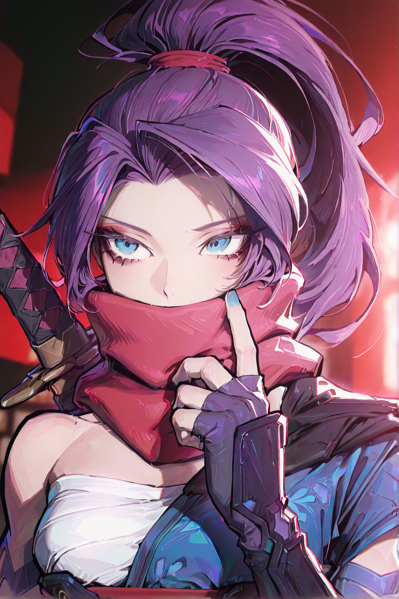1girl, solo, (portrait:1.5), 30y, <lora:Psylockev1_Illu_Dwnsty:1> psylocke_mvr, blue eyes, purple hair, high ponytail, parted bangs, long hair, red scarf, scarf over mouth, japanese clothes, chest sarashi, kimono, sash, red belt, obi, single shoulder pad, fingerless gloves, arm guards, nail polish, blue nails, black footwear, blue thighhighs, sheath, weapon on back, blurry background, <lora:cgel-style-richy-v1_ixl:1>, <lora:princess_xl_v2:1>, <lora:illustrious_noobai_epsilon_pred_11_very_aesthetic_v1:1> masterpiece, best quality, very aesthetic, absurdres, <lora:illustrious_noobai_epsilon_pred_1_best_quality_v1:0.8> masterpiece, best quality, very aesthetic, absurdres, masterpiece, best quality, amazing quality, very aesthetic, absurdres, ultra-detailed, newest
