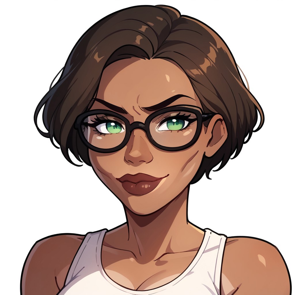em0te art style, score_9, score_8_up, score_7_up, score_6_up, solo, female, short brown hair, green eyes, black-framed glasses, tan skin, white tank top, white background, SkylerWhiteYo, closed mouth, smile, lips