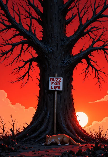 A dead tree, big dead tree, it's still maintain its composure but there are branches falling and broken, in the middle of that tree there is a sign that says: "Buzz for Life", near the tree there is a squirrel dead body,
the background is sun set, the sky is red coloured with orange gradient, An1meL1nes,
score_9, score_8_up, score_7_up, score_6_up, source_anime, masterpiece, best quality, skindentation, anime artwork, intricately detailed photorealism, very detailed, highly detailed texture, cinematic illumination, volumetric lighting, detailed face, detailed skin, detailed eyes, rating_explicit, concept art, absurdres, highres, hd, ultra hd quality details, solo focus