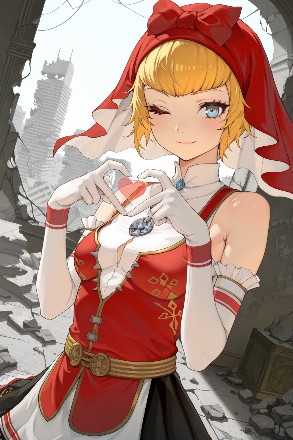 1girl,
IdunnShinMegamiTensei,
general, solo, dutch angle, upper body,
short hair, blonde hair, detailed eyes,
light smile, one eye closed,
red hood, elbow gloves, 
skirt, 
looking at viewer, smile, heart hands,
tokyo, indoors, ruins, building, 
<lora:kp_IdunnShinMegamiTenseiIllustrious_v1_0:1.0>,
masterpiece, best quality, amazing quality
