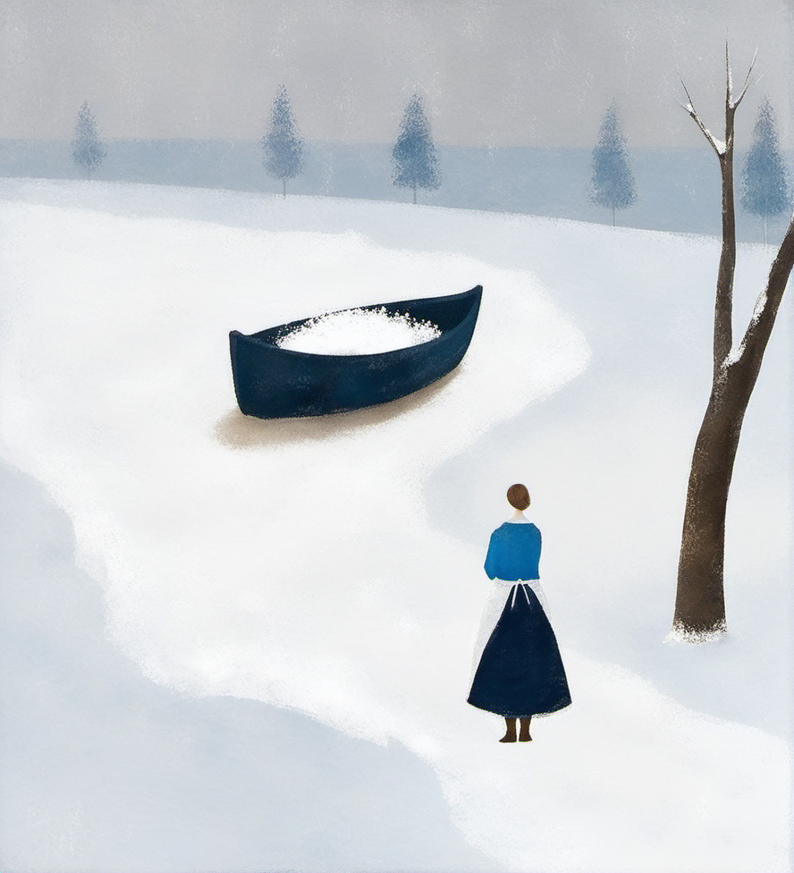 winter landscape,snow-covered ground,lone wooden boat,solitary figure,back view,woman,blue top,white apron,long dark skirt,standing,trees in distance,snowy scene,minimalist,muted colors,atmospheric,serene,fine art,painting,textured brushwork,soft focus,cool tones,countryside,isolated setting,tranquil atmosphere,
<lora:æ²»æ-000009:0.8>,