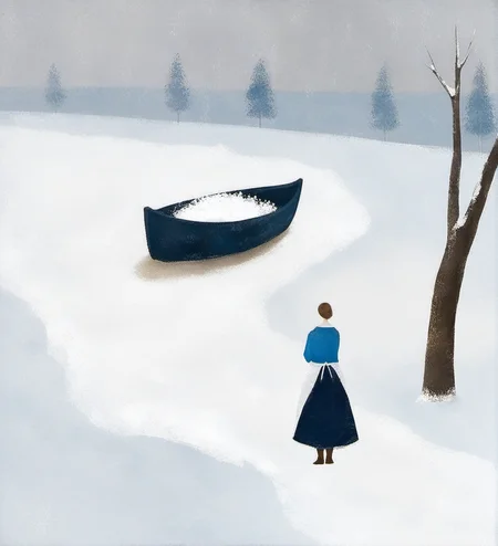 winter landscape,snow-covered ground,lone wooden boat,solitary figure,back view,woman,blue top,white apron,long dark skirt,standing,trees in distance,snowy scene,minimalist,muted colors,atmospheric,serene,fine art,painting,textured brushwork,soft focus,cool tones,countryside,isolated setting,tranquil atmosphere,
<lora:æ²»æ-000009:0.8>,