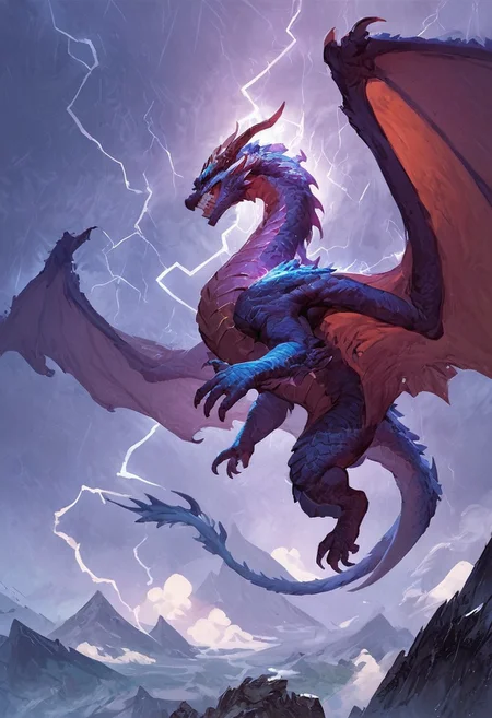 score_9, score_8_up, score_7_up, score_6_up, score_5_up, score_4_up, dragon, storm dragon, teeth, horns, long tail, wings, mountains, lightning aura, fantasy, solo focus, epic,