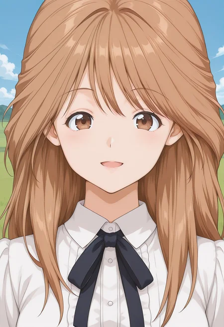 kawai_iyona, brown eyes, brown hair, long hair, virgin killer outfit, <lora:kawai_iyona_illustrious_ver2:0.8>
smile,, masterpiece, best quality, sensitive,, 1girl, solo, blue sky, (grasslands:1.2), looking at viewer,, (upper body:1.2), (close-up:1.2), (facing viewer:1.2), (open eyes:1.4), (portrait:1.2)