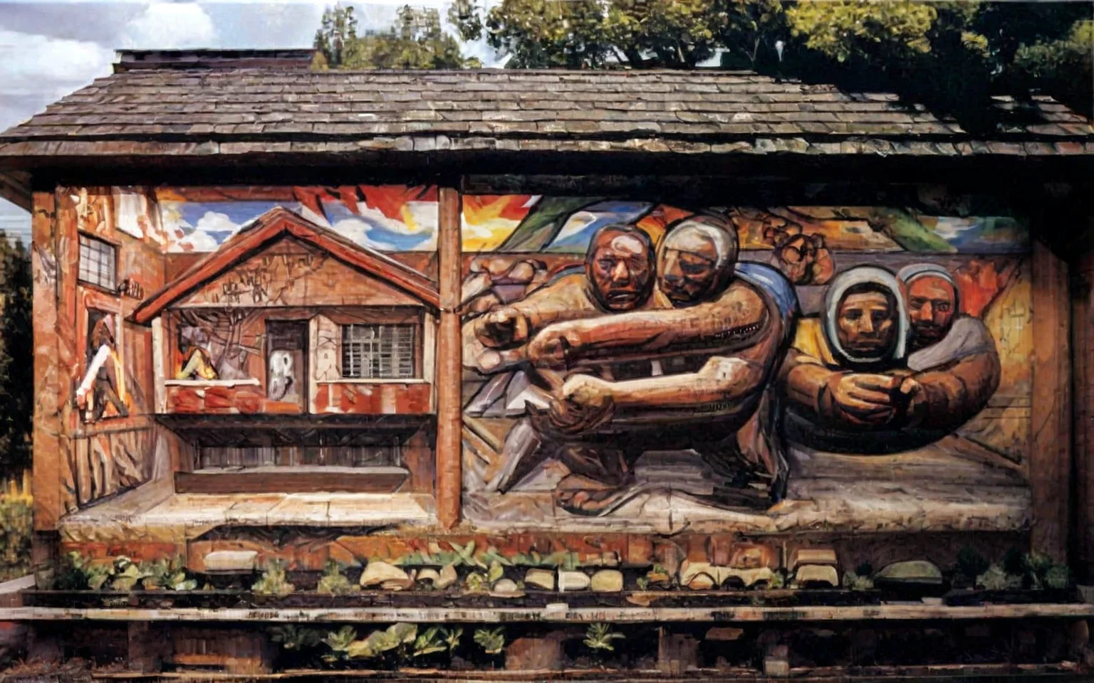 muralism \(style\),symbolic painting \(genre\) ,<lora:david-alfaro-siqueiros_pony_v1:1> ' sketch ' by Siqueiros David Alfaro in 1944, a mural depicting multiple people on a dirty wall of ab old house,graffiti, score_9, score_6_up, score_7_up