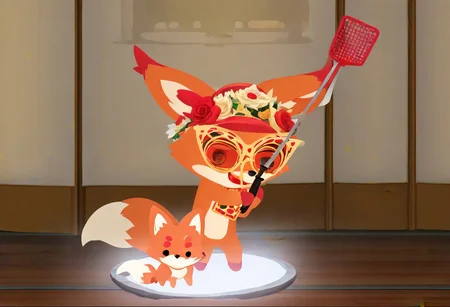 Super Animal Royale, detailxl, score_9, score_8_up, score_7_up, score_6_up, score_5_up,, detailed eyes, detailed face, detailed hands, top down full body view,  NightScapes, fox, cozy atmosphere, creative light overlay, 4k, masterpiece, (masterpiece), best quality, (4K), (cinematic lighting), highly detailed, 8K, UHD, ultra detailed, immersive picture, vivid colors, volumetric light, cinematic light, extremely detailed CG, pizza,