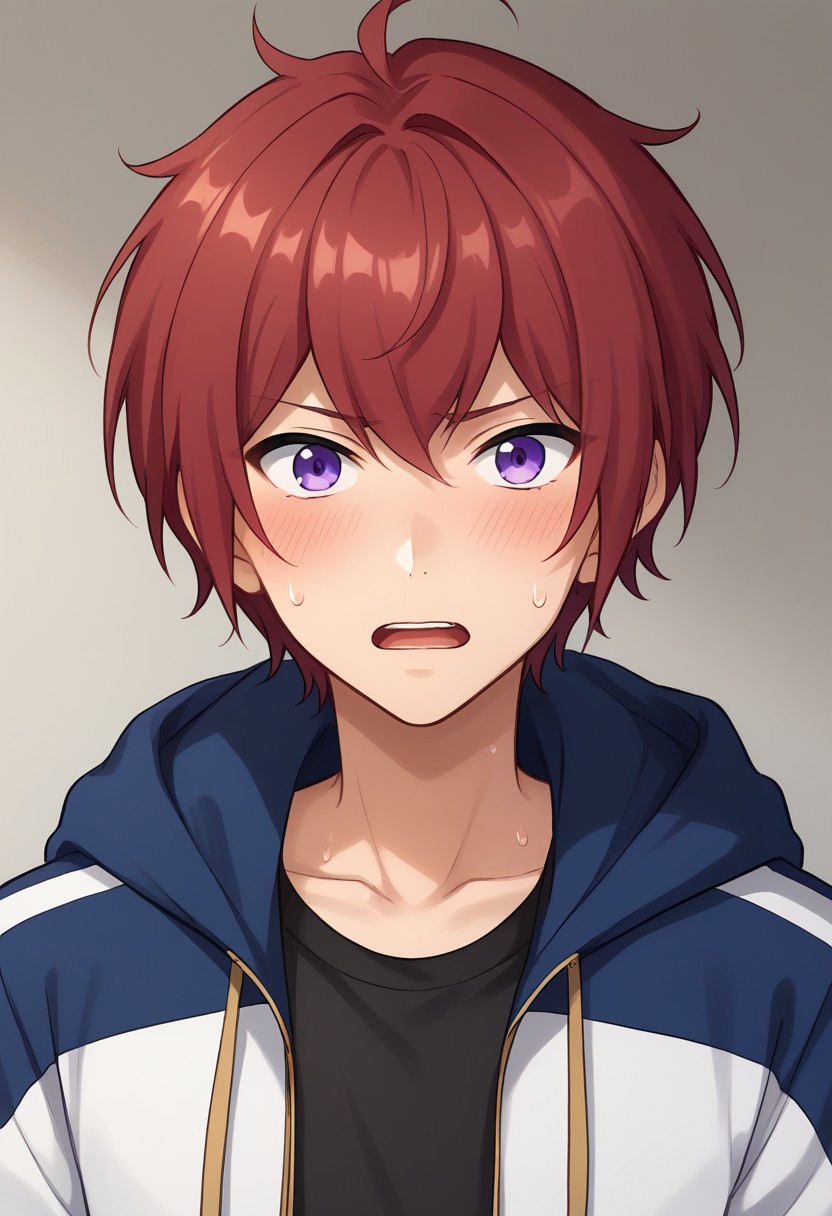 score_9, score_8_up, score_7_up, source_anime, highly detailed, 
tsukasasuou, 1boy, male focus, solo, red hair, jacket, track jacket,
track suit, looking at viewer, shirt, purple eyes, pants, open mouth, black shirt, hood, sweat, black pants, sweatdrop, blush, embarassed, parody, upper body
indoor, stage
